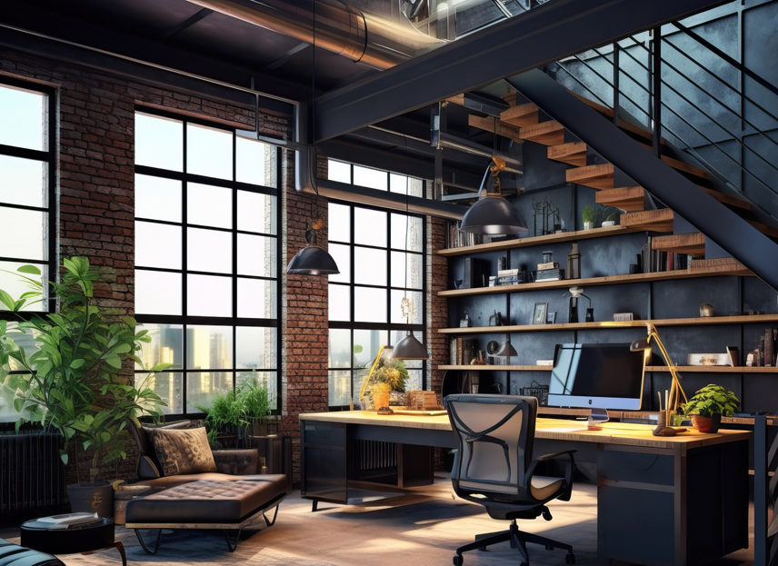 Render de un office interior en un loft de estilo industrial.