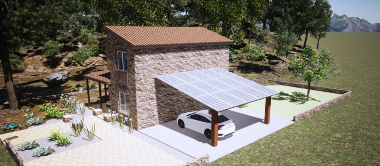 Pérgola con placas solares. 3D